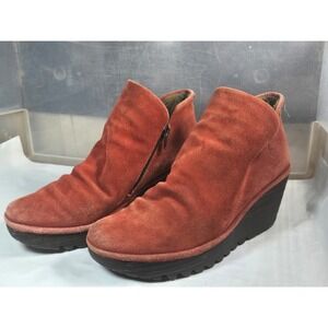 Fly London Yaz Burnt Orange Suede Wedge Ankle Boots Womens Size 9.5